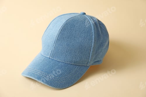 Preview: Denim baseball hat on beige background, closeup