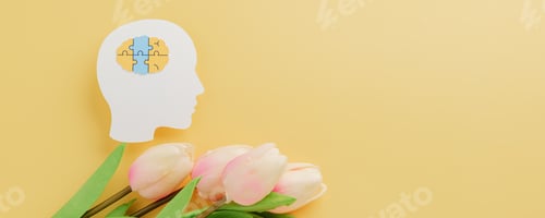 Preview: Head paper cut with brain jigsaw and flower on yellow background marks World Down Syndrome Day.