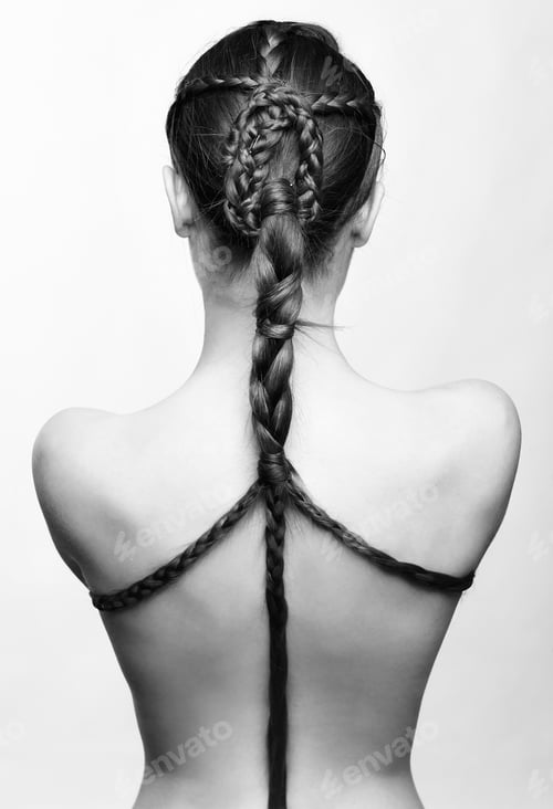 Preview: Hairstyle Portrait Of Beautiful Brunette Girl With Creative Braid Hairdo Standing Back To Camera