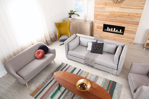 Preview: View of living room from modern security CCTV camera. Protection system