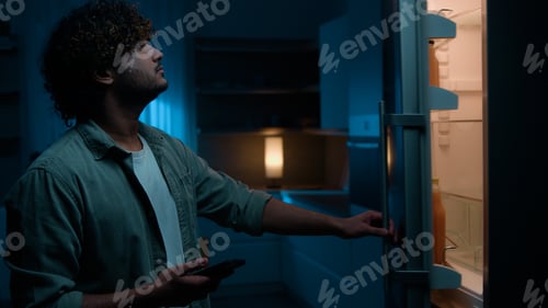 Preview: Arabian hungry man Indian homeowner Arabian guy in kitchen open empty fridge at night evening order