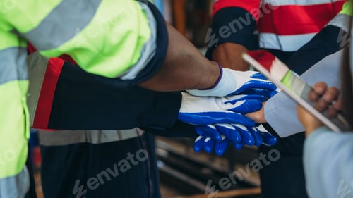 Preview: Team engineers and foreman stack hand and shake hands to show success at factory machines.