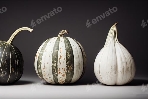 Preview: different gourd colours and shapes side by side on a studio minimal photoshoot, dark background