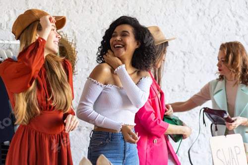 Preview: Young women at swap home party - clothes, shoes, bags, jewellery exchange between friends.