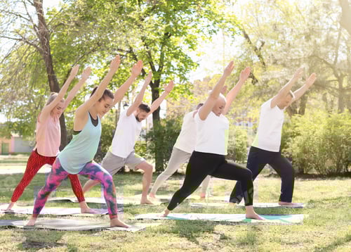 Preview: Group of people practicing yoga in park on sunny day