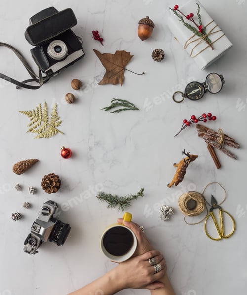 Preview: Creative mock up layout made of hipster christmas decoration. Flat lay. Holiday concept.