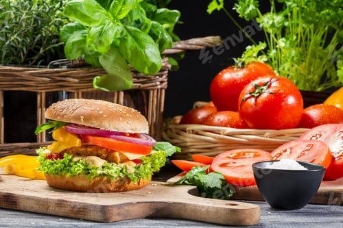 Preview: Hamburger with chicken, vegetables fresh herbs