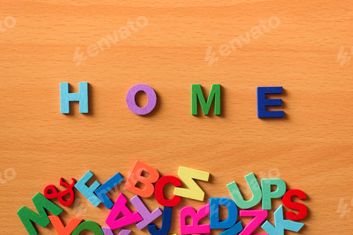Preview: The word Home in colored letters on a wooden background