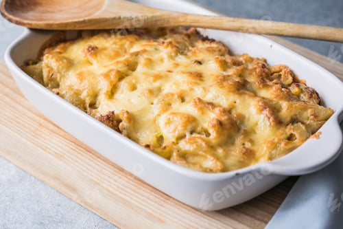 Preview: Tetrazzini chicken pasta casserole in a baking dish with ingredients at background