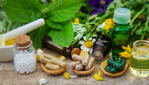 Preview: Homeopathy herbs and medicine pills. Selective focus.