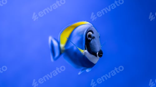 Vista previa: Close-up of a blue fish with a yellow one in an aquarium.