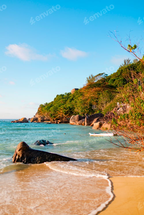 Preview: picturesque bright sunset landscape beach in Seychelles, nanure background
