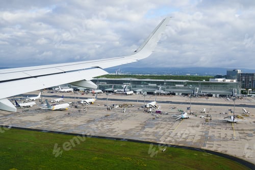 Preview: Aerial view of international airport with airplane parking. Franfurt, Germany international airport