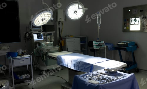 Preview: Illuminated surgical lights, medical equipment and monitor screens in dark operating theatre