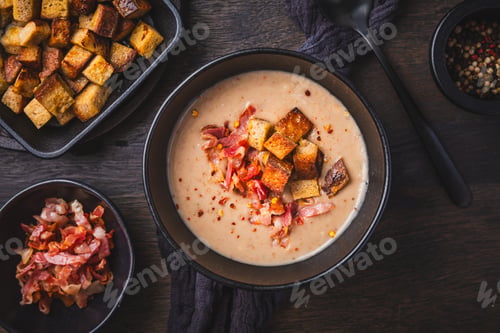 Preview: Homemade sweet chestnut soup with bacon and bread croutons