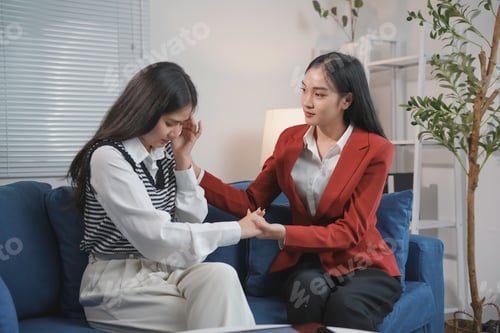 Preview: Psychologist comforting her depressed patient during therapy session
