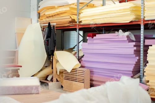 Preview: Stacked sheets of foam rubber for furniture production in factory workshop