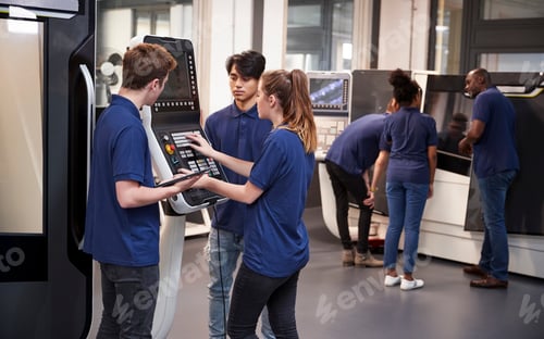 Aperçu: Engineer Showing Apprentices How To Use CNC Tool Making Machine