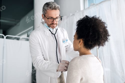Preview: Stethoscope, people and doctor check lungs, breathing or helping patient with heartbeat, heart viru