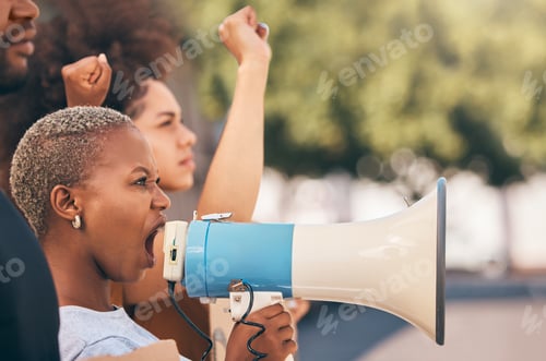 Preview: Protest, megaphone and angry black woman shout for human rights, equality and anti racism at rally.