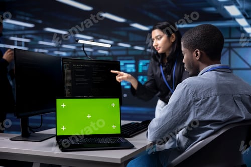 Preview: Workers using mockup, laptop, , ensuring data center tech operates efficiently