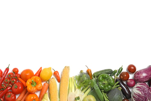 Preview: Many different fresh vegetables on white background, top view