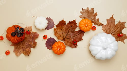 Preview: Autumn composition with maple leaves, decorative pumpkins and candles. Top view. Copy space