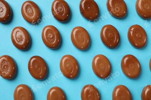 Preview: Many tasty caramel candies on light blue background, flat lay