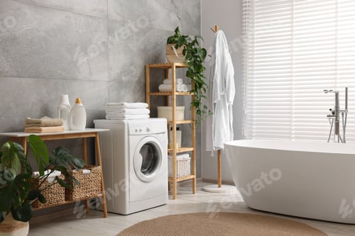 Preview: Clean towels, washing machine, plants and deterrents in bathroom