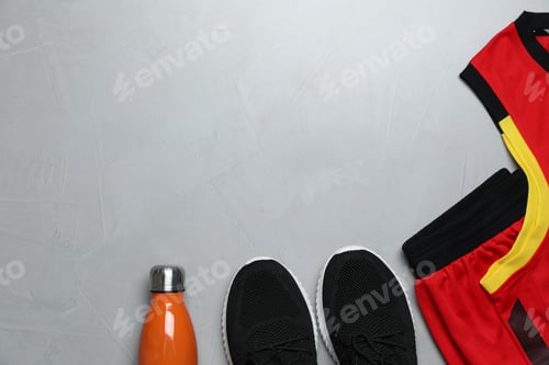 Preview: Sportswear, shoes and water bottle on grey background, flat lay. Space for text