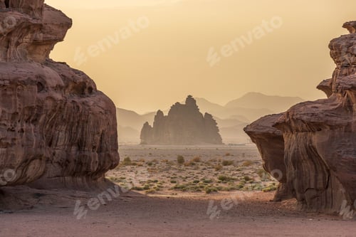 Preview: Picturesque desert landscape with rock formations of Tabuk, Neom at sunset
