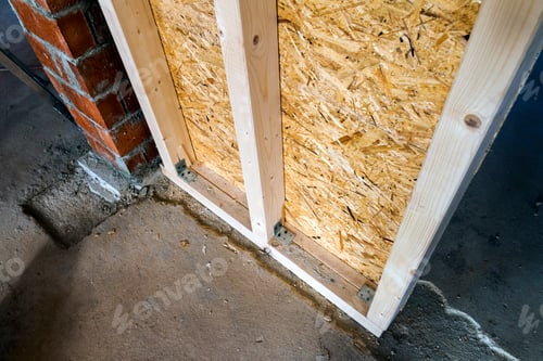 Preview: Close up detail of house construction wooden wall elements. Interior frame renovation work