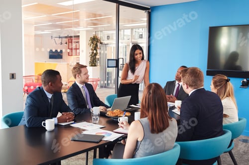 Preview: Female manager stands addressing colleagues in meeting room