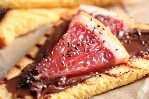 Preview: Tasty toast with grapefruit, chocolate paste and chia seeds, closeup