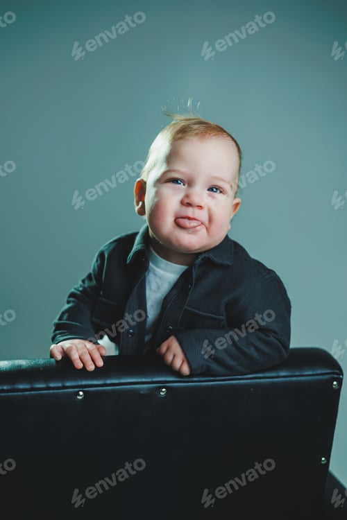 Preview: Baby in cool casual clothes. Little stylish boy, 1 year old child in shirt and white t-shirt