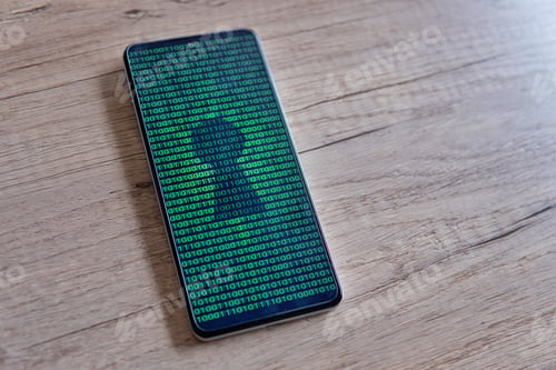 Preview: Smartphone with glowing binary code and keyhole on the screen.