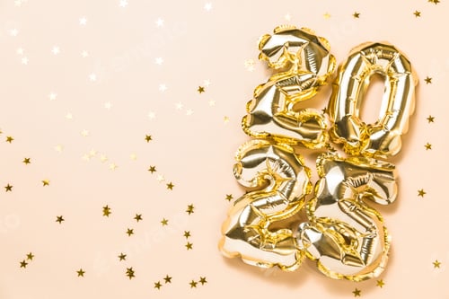 Preview: New year 2025 celebration card. Gold foil number 2025, decoration, confetti on beige background