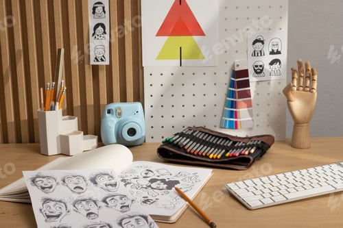 Preview: Artistic Designer’s Desk with Modern Equipment artist sketching in pencil