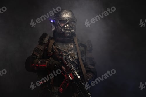 Preview: Cyborg with weapon in mist and smoke
