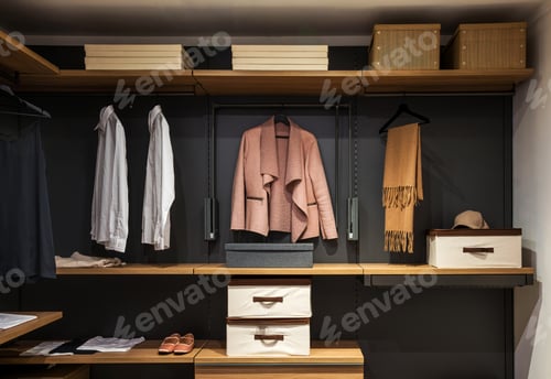 Preview: Modern walk in closet displaying stylish clothes and accessories, offering elegant organization