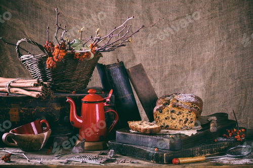 Preview: Pumpkin pie with chocolate. Autumn still life. Home baking.