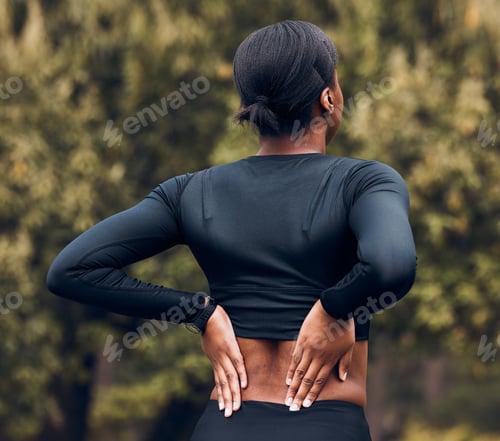 Preview: Back pain, fitness and sports woman outdoor for scoliosis, health risk and tired from running in pa