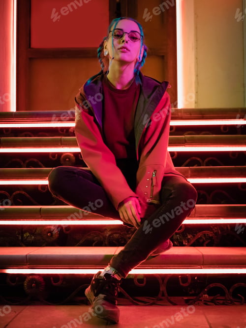 Preview: Young pretty girl with unusual hairstyle sitting on stairs which glowing red neon lights