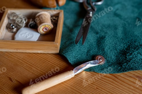 Preview: Blue-green genuine leather for sewing shoes and clothes. Flat lay