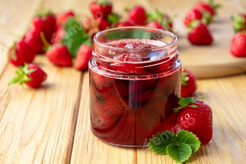 Preview: Strawberry jam in glass jar on wooden board.