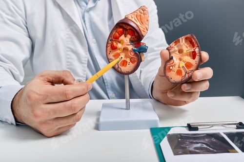 Preview: Kidney health concept. Close-up of anatomical model of human kidney on doctor table at urology