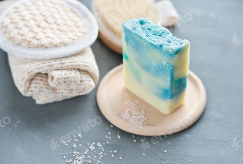 Preview: natural craft soap bar and cotton washcloth and sponge for face cleansing. sea minerals