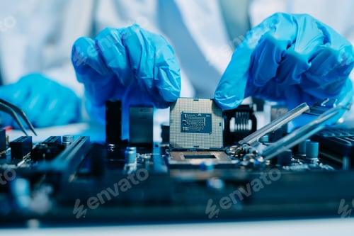Preview: The technician is putting the CPU on the socket of the computer motherboard.