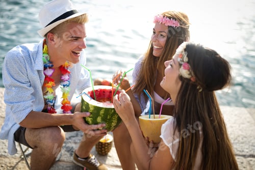Preview: Summer joy and friendship concept with young people on vacation