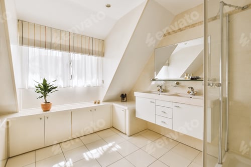 Preview: a large white bathroom with a shower and a sink